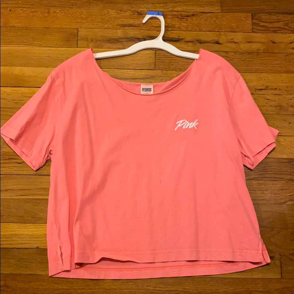 Pink cropped t shirt off the shoulder